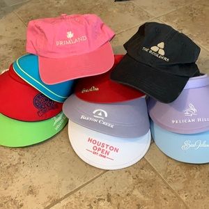 Assorted golf caps and visors.